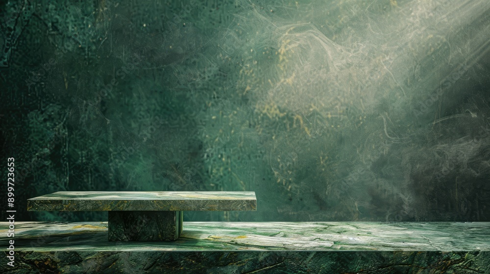 Poster empty green marble table for product displayed. green backdrop at foreground and cement stone at bac