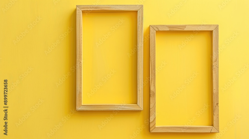 Poster wooden frame set on bright yellow backdrop for design mockup with text space