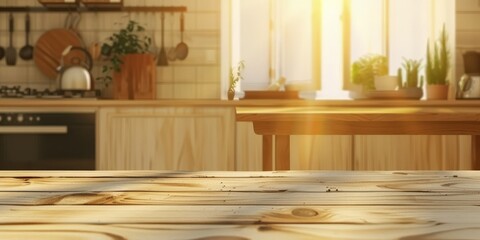 Empty Wooden Table Top With Blurred Kitchen Background for Display