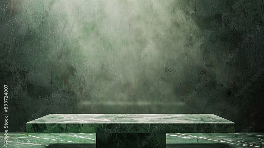 Poster empty green marble table for product displayed. green backdrop at foreground and cement stone at bac