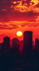 Fototapeta premium Dramatic Silhouetted Cityscape at Fiery Sunset Horizon
