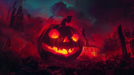 Halloween pumpkin head jack lantern with burning candles, Spooky Forest, Pumpkins In Graveyard In The Spooky Night - Halloween Backdrop. Ai Generative