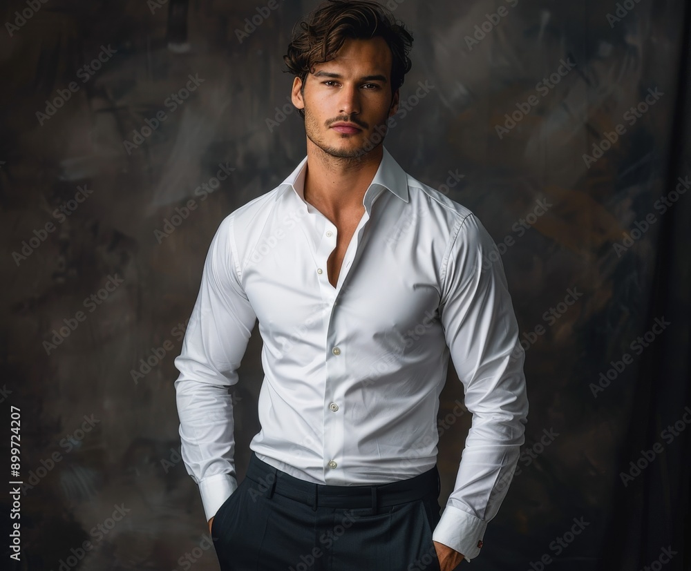 Canvas Prints Stylish Man in Button-Down Shirt Posing Against Dark Background