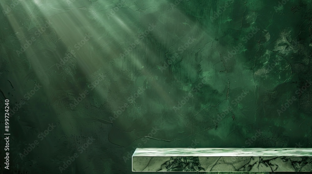 Poster empty green marble table for product displayed. green backdrop at foreground and cement stone at bac