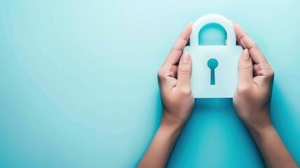 Hands Holding White Padlock on Light Blue Background, Cybersecurity and Data Protection Concept, Privacy and Security, Lockdown Symbol, Digital Safety