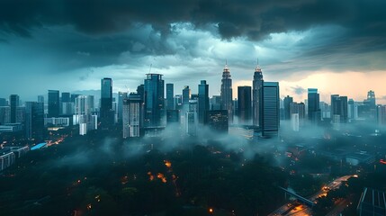 Dramatic Skyline of Towering Skyscrapers Under Stormy Skies Capturing Urban Power and Nature s Might