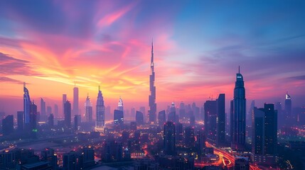 Fototapeta premium Majestic City Skyline at Twilight with Prominent Tower and Surrounding High Rise Buildings
