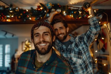 Two men, one standing on a ladder, engaged in decorating their home with festive garlands and lights, exuding holiday spirit and creating a warm and joyful ambiance.