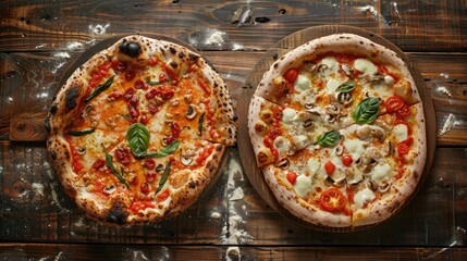 Wooden surface with dual pizzas