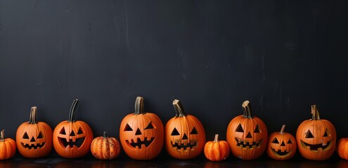 Funny different set of Jack O Lantern halloween pumpkins isolated on black background