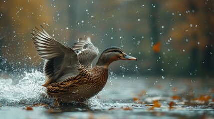 Mallard Duck Taking Flight in Rainy Weather