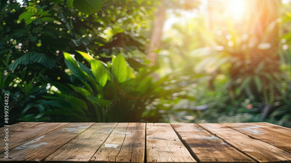 Poster wooden table in garden light background for product display mock up