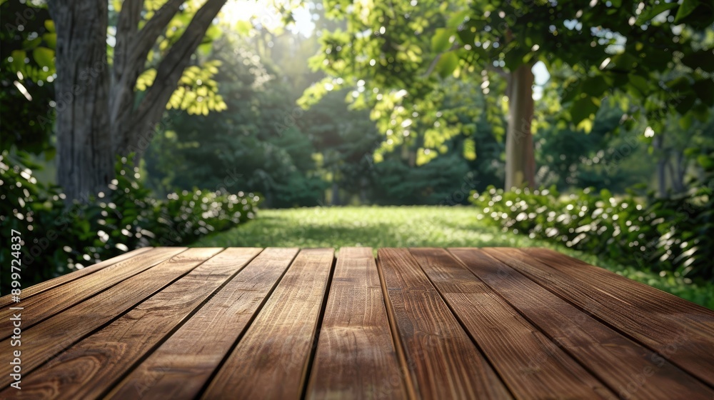 Poster wooden table in garden light background for product display mock up