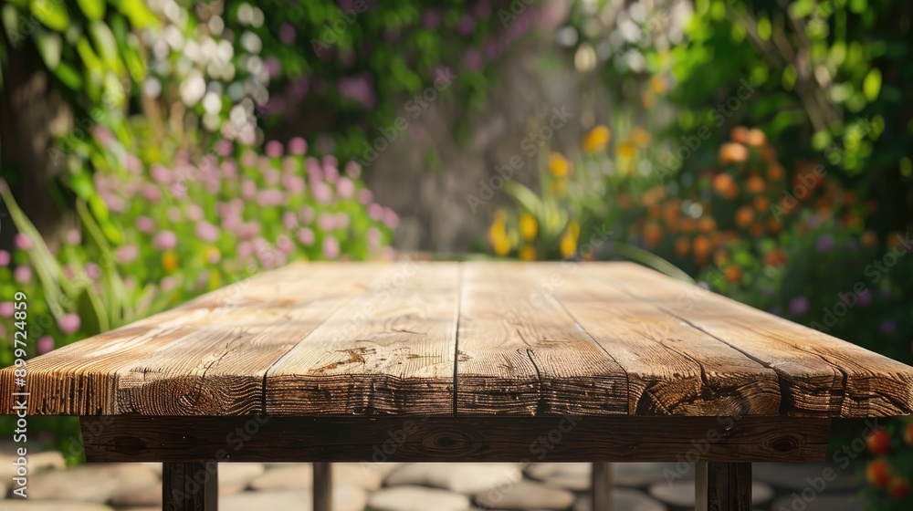Poster wooden table in garden light background for product display mock up