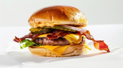 Juicy Bacon Cheeseburger With Fresh Vegetables and Toasted Bun