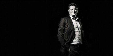 Fototapeta na wymiar Smiling Male Executive in Minimalist Portrait Against a Dark Background