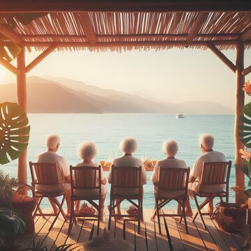 Old elderly people sit in wooden shezlong and watch the sea.