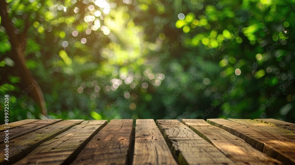 Poster Wooden table surface with blurred green foliage background for product display or visual design