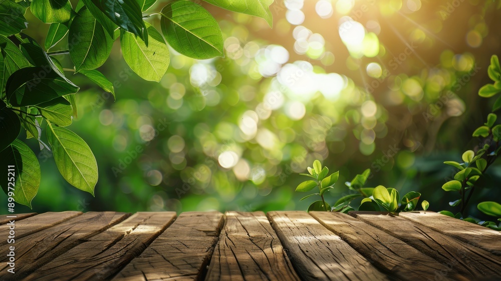 Aufkleber wooden table surface with blurred green foliage background for product display or visual design