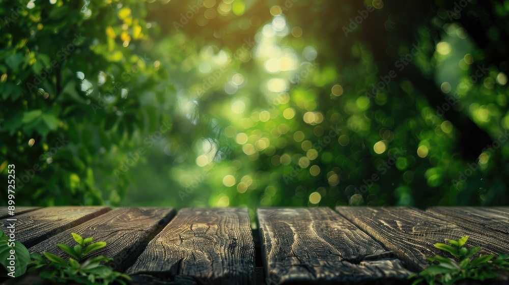Aufkleber wooden table surface with blurred green foliage background for product display or visual design