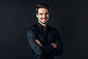 Obraz premium Smiling Male Executive in Black Shirt Against Dark Background