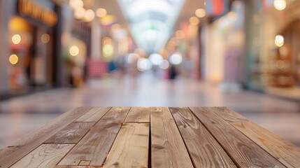 Wooden table surface with blurred shopping mall backdrop ideal for showcasing or presenting products