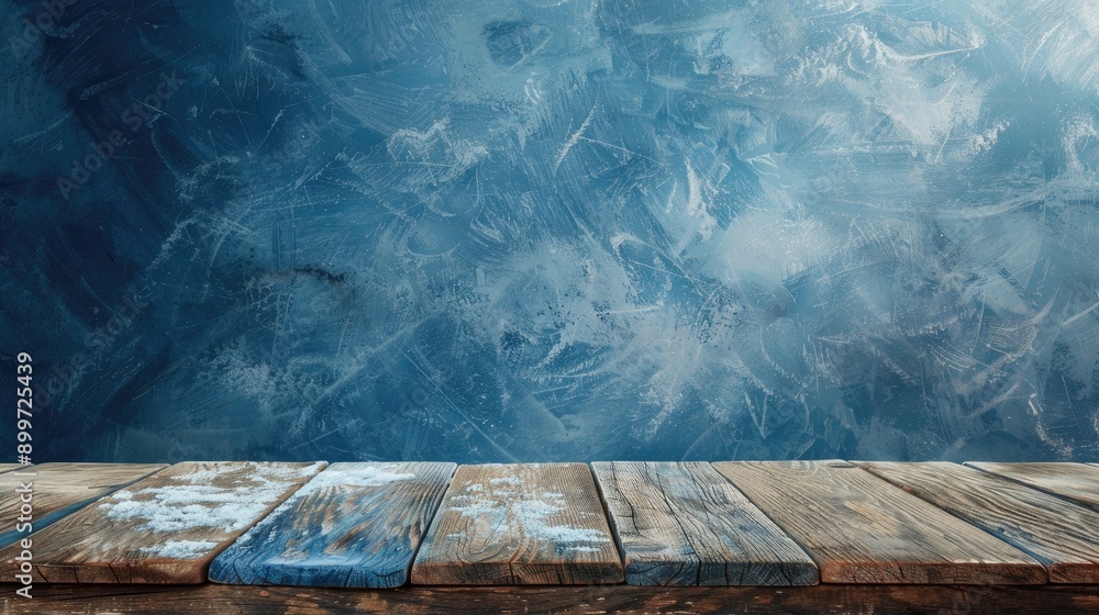 Poster wooden table with icy background and empty space
