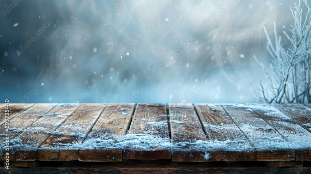 Poster wooden table with icy background and empty space