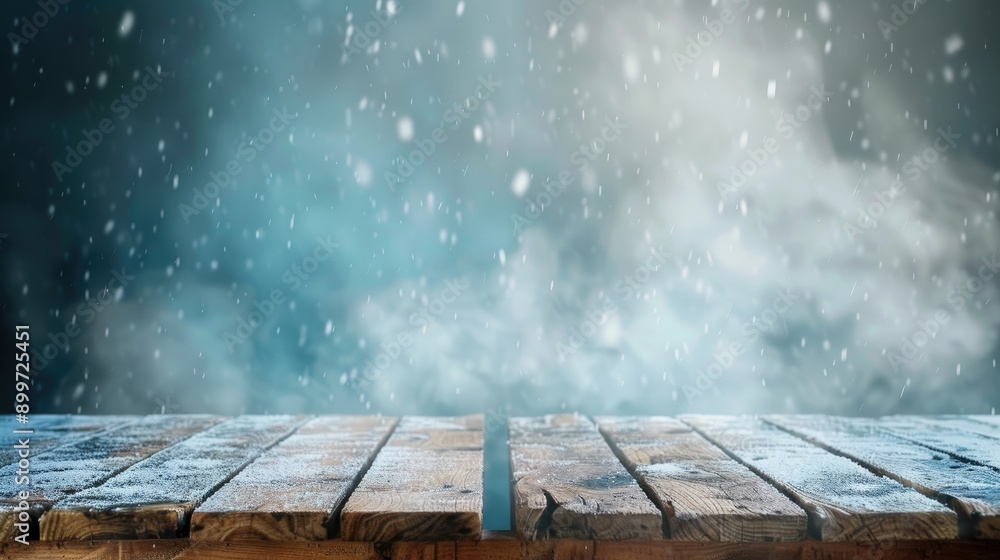 Poster wooden table with icy background and empty space