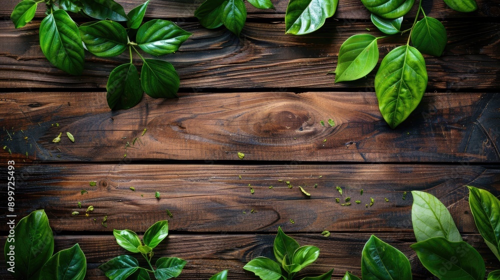 Poster wooden table with leaves as top view representing ecological concept background