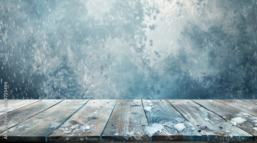 Poster wooden table with icy background and empty space
