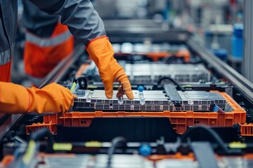 Close-up of factory workers assembling electric car batteries, showcasing sustainability in manufacturing