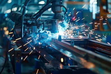 Close-up of robotic machinery welding car frame, symbolizing strength and durability in manufacturing