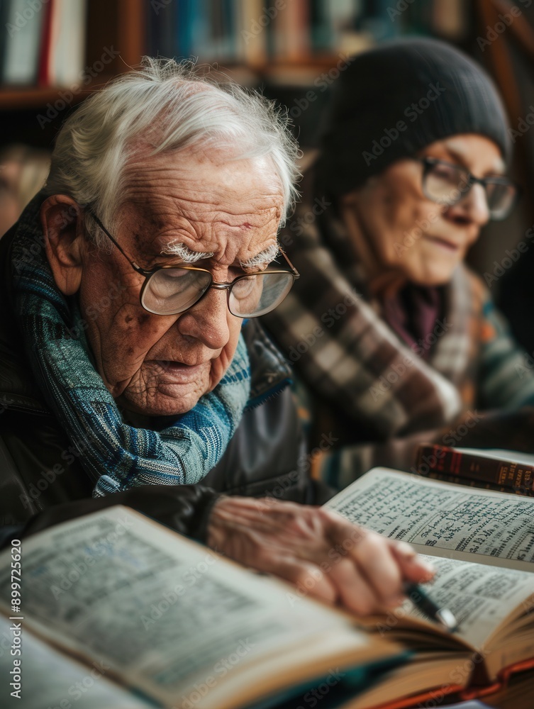 Poster two elderly people are diligently studying foreign languages with textbooks and dictionaries in a wa