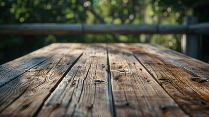 Wooden table with scratches on empty deck