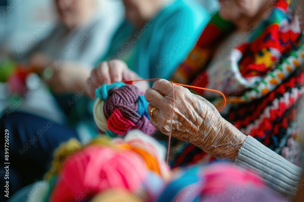Poster participants knit colorful yarn during a community crafting session, fostering creativity and social