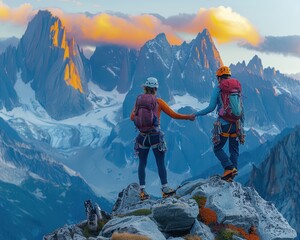 Triumph in Unity - Woman Climber Reaching Summit Extending Hand to Male Companion Against Dramatic Landscape of Rugged Peaks and Colorful Sky