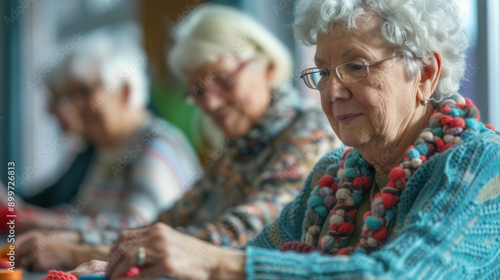 Aufkleber Elderly individuals focus on knitting and crafting activities while learning new techniques in a community center environment. Generative AI