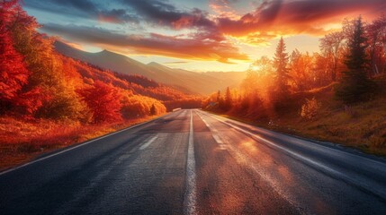 Naklejka premium A road with a sunset in the background