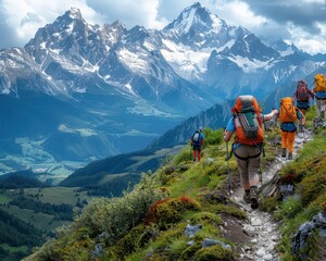 Teamwork on Mountain Trail: Leader Helping Teammate with Snow-Capped Peaks View