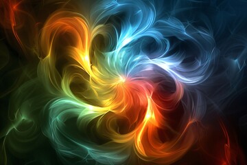 Obraz premium Modern 3D swirls of radiant blue green and red light twisting and turning gracefully against a black background providing ample space for creative design