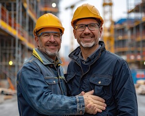 Partnership in Construction - Silhouette of Architect and Manager Shaking Hands on Building Site at Dusk with Cranes in Background