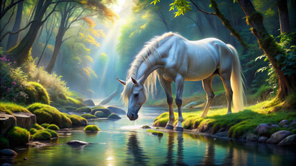 White Horse Drinking from a Forest Stream.