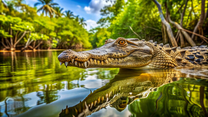 Obraz premium Close-up of a Crocodile in a Tropical River.