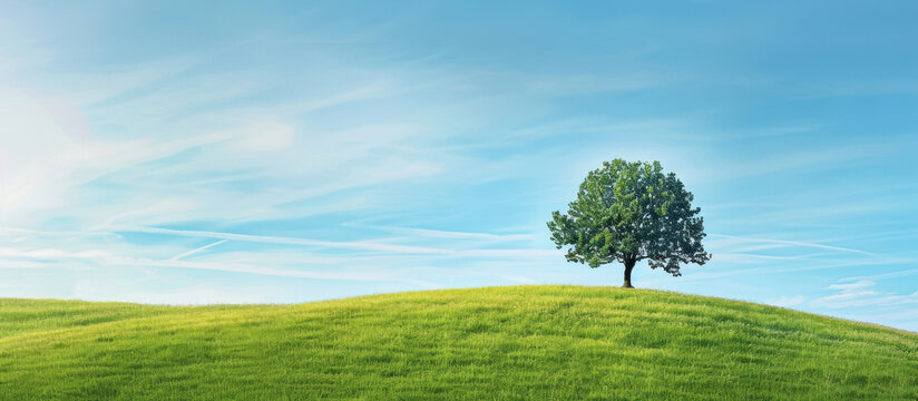 One tree on green grassy hill with blue sky background.