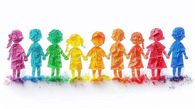 Vibrant and colorful children holding hands, papercut style, white background,