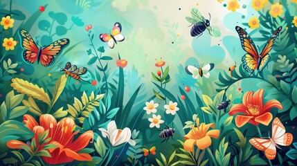 Obraz premium Butterflies and Bees in Colorful Garden