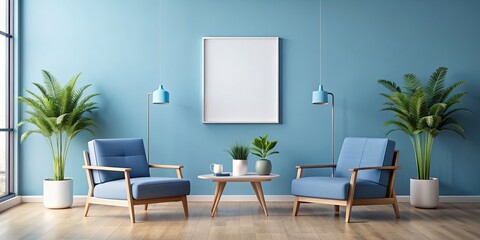 Empty frame poster mockup in a minimalist blue living room with armchairs and potted plants, empty frame