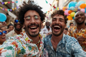 A group of friends are captured in a moment of celebration outdoors with vibrant balloons and decorations around them, reflecting a lively and cheerful atmosphere.