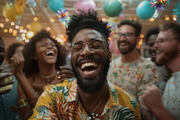 A joyful gathering of friends enjoying each other's company, captured amid colorful decorations that reflect a festive and lively atmosphere of camaraderie and celebration.